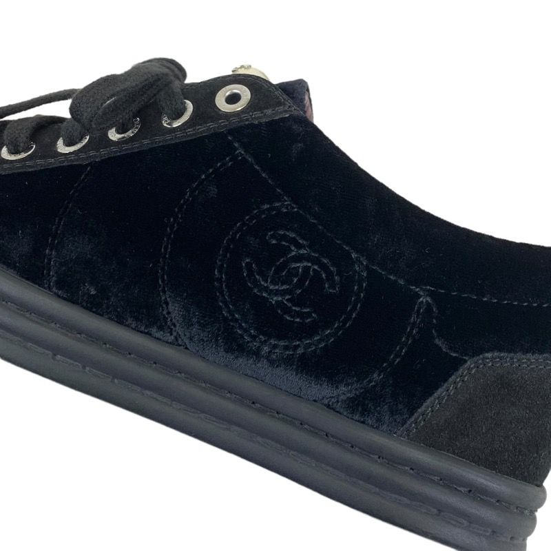 Chanel Sneakers Shoes Velor Suede Black Here Mark Pearl