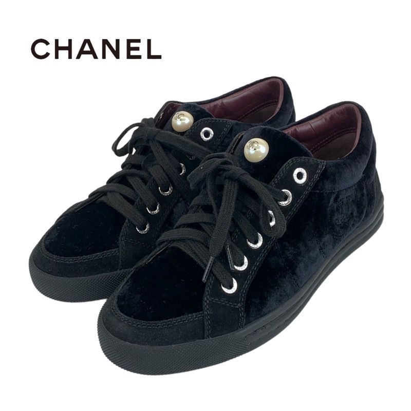 Chanel Sneakers Shoes Velor Suede Black Here Mark Pearl