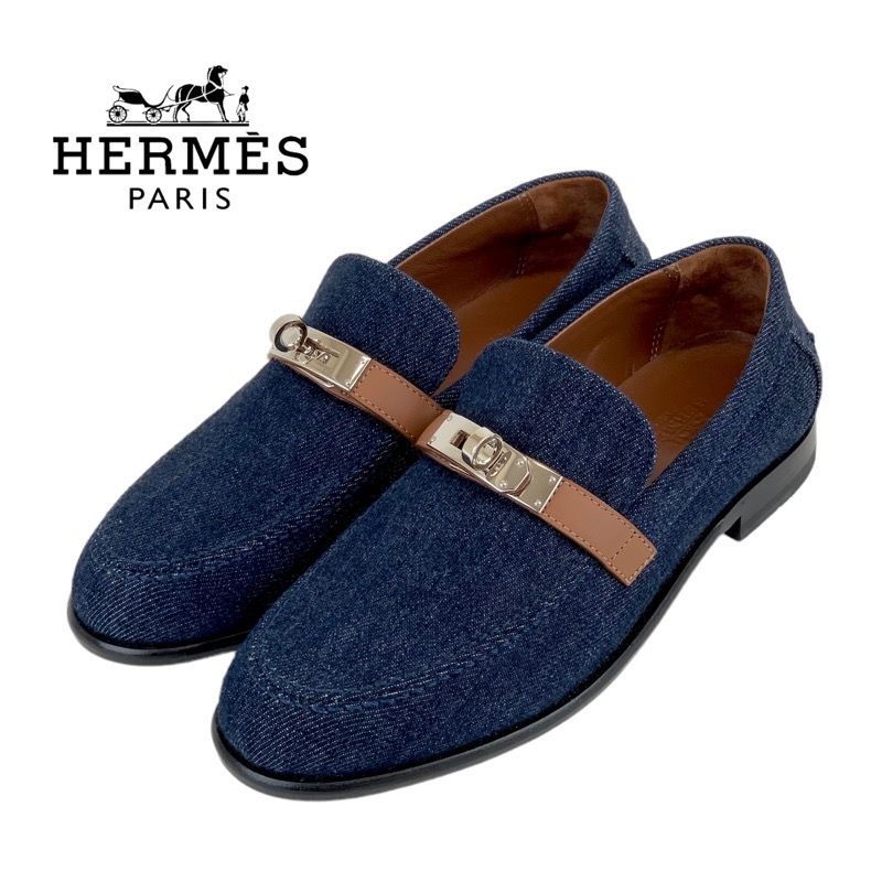 Hermes Loafers Leather Shoes Denim Leather Indigo Blue Brown Silver Flat Shoes