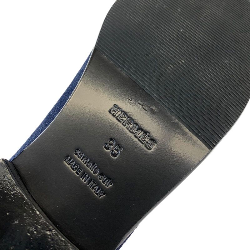 Hermes Loafers Leather Shoes Denim Leather Indigo Blue Brown Silver Flat Shoes