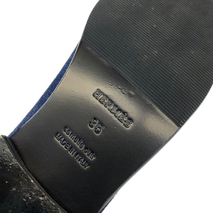 Hermes Loafers Leather Shoes Denim Leather Indigo Blue Brown Silver Flat Shoes