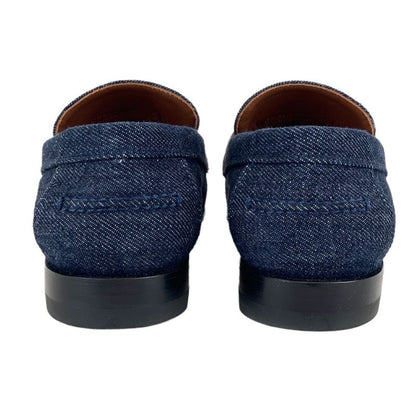 Hermes Loafers Leather Shoes Denim Leather Indigo Blue Brown Silver Flat Shoes