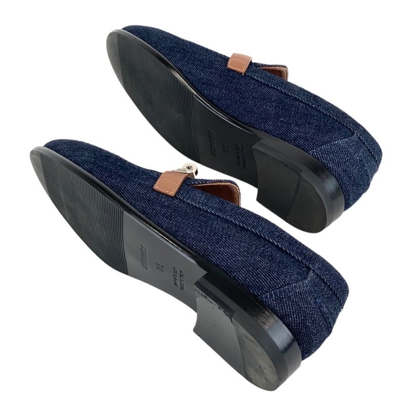 Hermes Loafers Leather Shoes Denim Leather Indigo Blue Brown Silver Flat Shoes