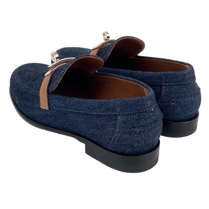 Hermes Loafers Leather Shoes Denim Leather Indigo Blue Brown Silver Flat Shoes
