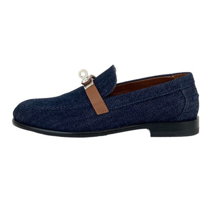Hermes Loafers Leather Shoes Denim Leather Indigo Blue Brown Silver Flat Shoes