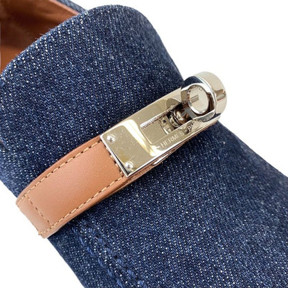 Hermes Loafers Leather Shoes Denim Leather Indigo Blue Brown Silver Flat Shoes