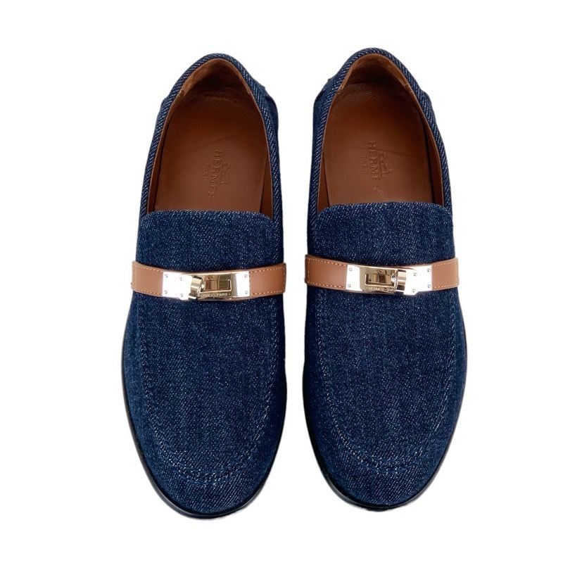 Hermes Loafers Leather Shoes Denim Leather Indigo Blue Brown Silver Flat Shoes