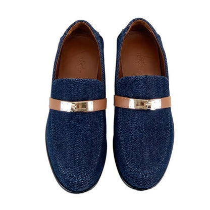 Hermes Loafers Leather Shoes Denim Leather Indigo Blue Brown Silver Flat Shoes
