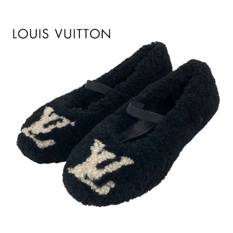Louis Vuitton Poppy Line Flat Shoes Shearling Black Beige Unused Ballet Shoes