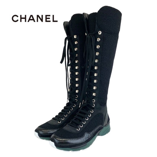 Chanel Boots Long Boots Shoes Tweed Leather Black Lace Up Here Mark Lame