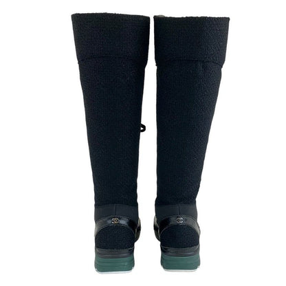 Chanel Boots Long Boots Shoes Tweed Leather Black Lace Up Here Mark Lame