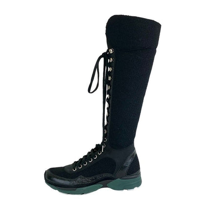 Chanel Boots Long Boots Shoes Tweed Leather Black Lace Up Here Mark Lame