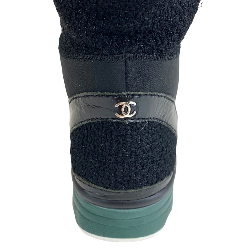 Chanel Boots Long Boots Shoes Tweed Leather Black Lace Up Here Mark Lame
