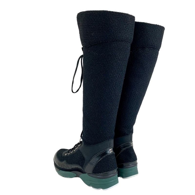 Chanel Boots Long Boots Shoes Tweed Leather Black Lace Up Here Mark Lame