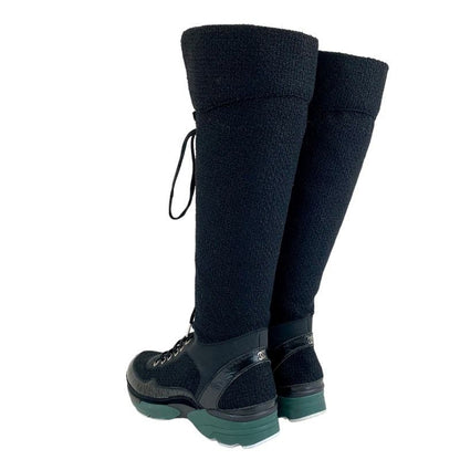 Chanel Boots Long Boots Shoes Tweed Leather Black Lace Up Here Mark Lame