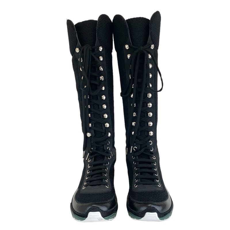 Chanel Boots Long Boots Shoes Tweed Leather Black Lace Up Here Mark Lame