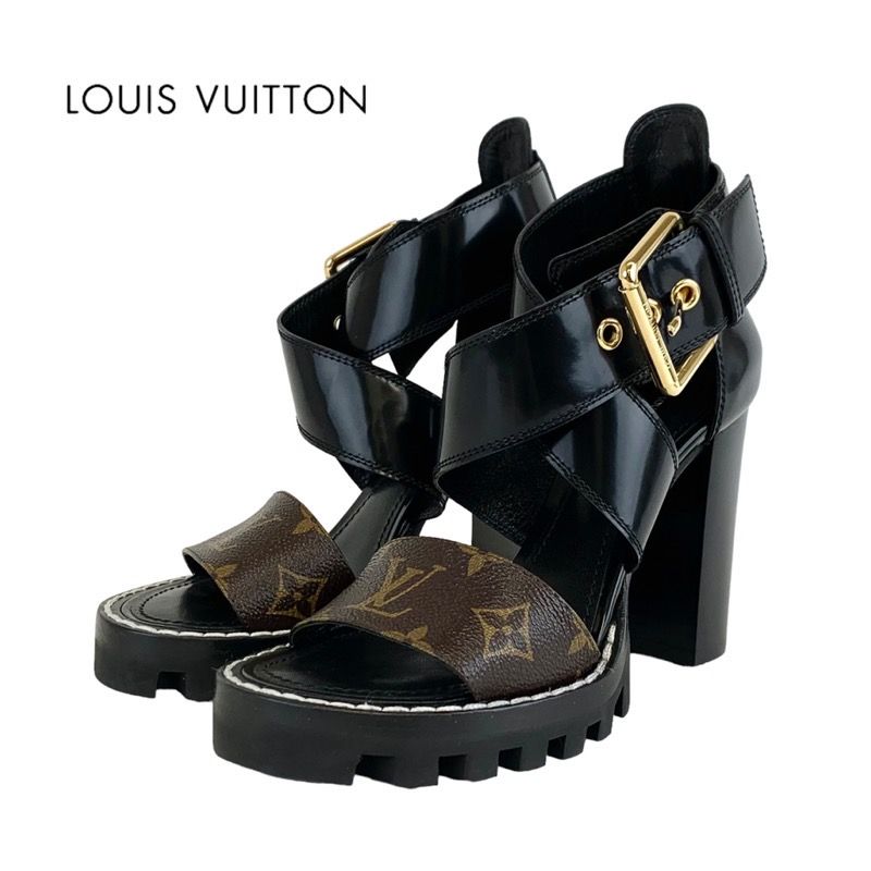 Louis Vuitton Star Trail Line Monogram Sandals Shoes Leather Black Brown Cross