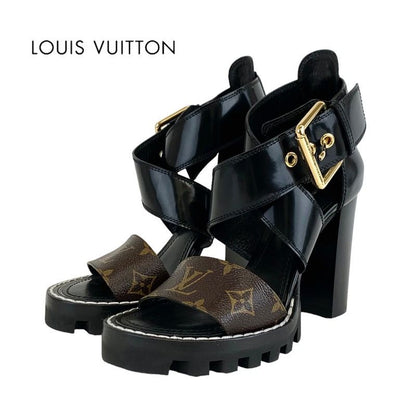 Louis Vuitton Star Trail Line Monogram Sandals Shoes Leather Black Brown Cross