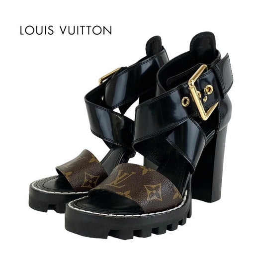 Louis Vuitton Star Trail Line Monogram Sandals Shoes Leather Black Brown Cross