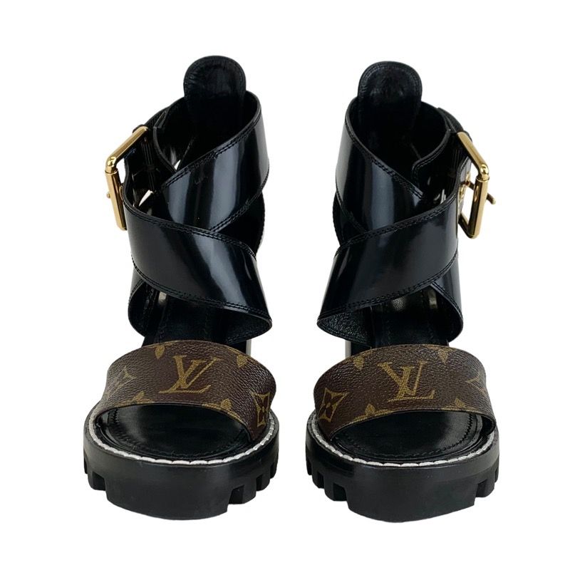 Louis Vuitton Star Trail Line Monogram Sandals Shoes Leather Black Brown Cross