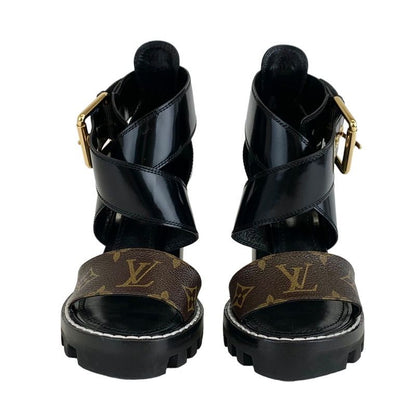 Louis Vuitton Star Trail Line Monogram Sandals Shoes Leather Black Brown Cross