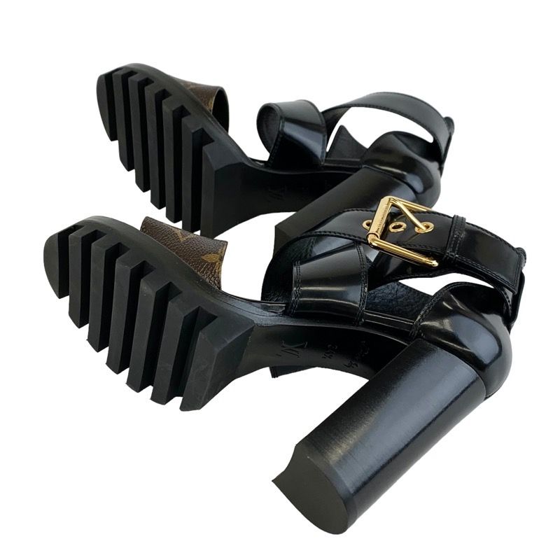 Louis Vuitton Star Trail Line Monogram Sandals Shoes Leather Black Brown Cross