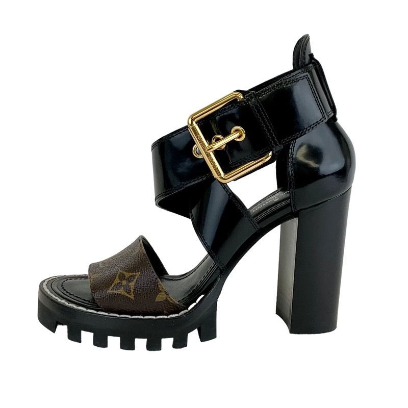 Louis Vuitton Star Trail Line Monogram Sandals Shoes Leather Black Brown Cross
