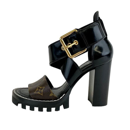 Louis Vuitton Star Trail Line Monogram Sandals Shoes Leather Black Brown Cross