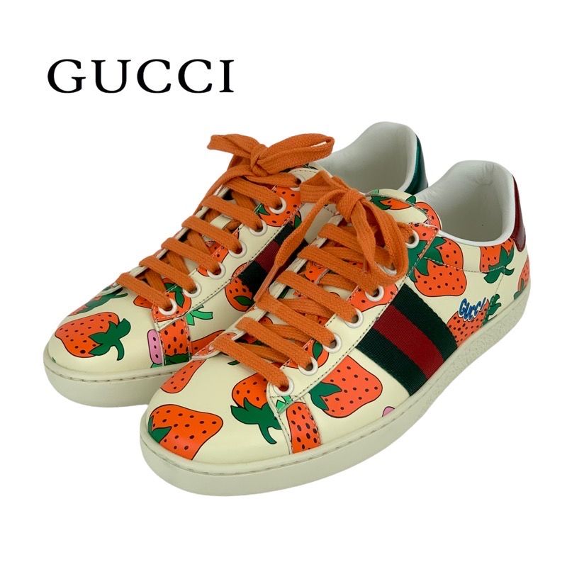 Gucci Ace Sneakers Shoes Leather Multicolor Unused Strawberry Logo