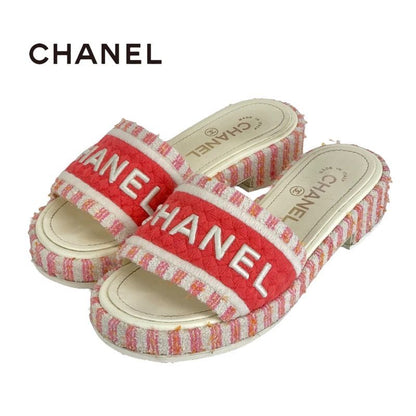 Chanel Sandals Shoes Fabric Pink White Mule Here Mark Logo Embroidery Stripe