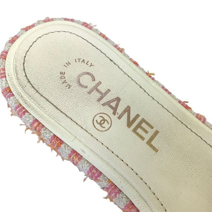 Chanel Sandals Shoes Fabric Pink White Mule Here Mark Logo Embroidery Stripe