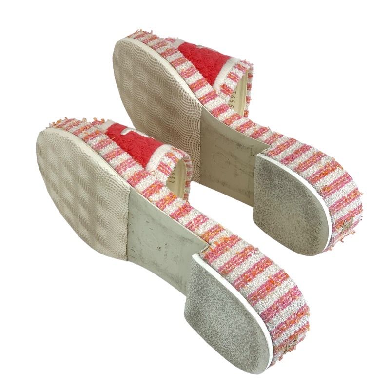 Chanel Sandals Shoes Fabric Pink White Mule Here Mark Logo Embroidery Stripe