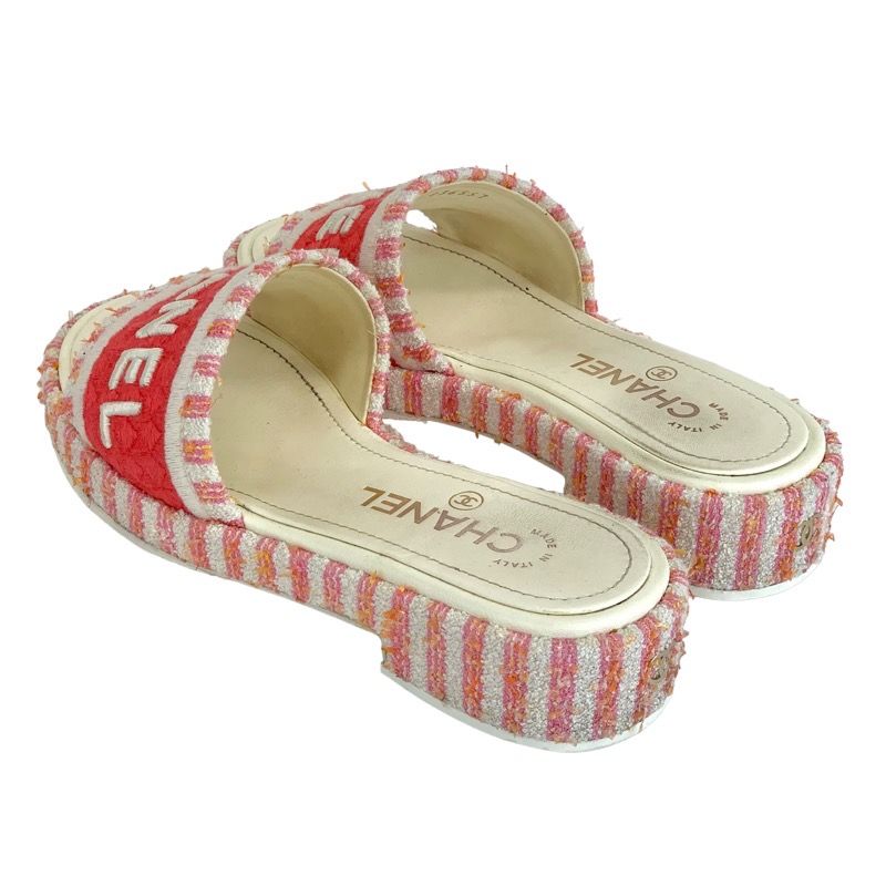 Chanel Sandals Shoes Fabric Pink White Mule Here Mark Logo Embroidery Stripe