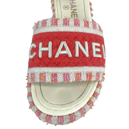 Chanel Sandals Shoes Fabric Pink White Mule Here Mark Logo Embroidery Stripe