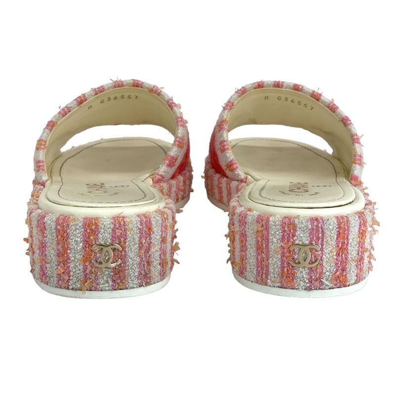 Chanel Sandals Shoes Fabric Pink White Mule Here Mark Logo Embroidery Stripe