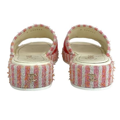 Chanel Sandals Shoes Fabric Pink White Mule Here Mark Logo Embroidery Stripe