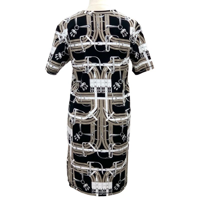 Hermes Dress Cotton Brown Black White All Over Pattern Short Sleeve