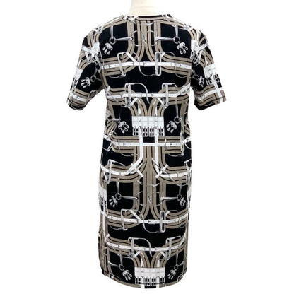 Hermes Dress Cotton Brown Black White All Over Pattern Short Sleeve
