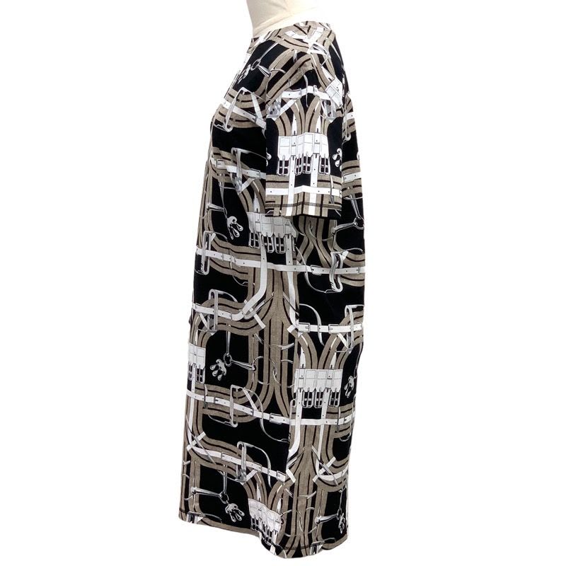 Hermes Dress Cotton Brown Black White All Over Pattern Short Sleeve