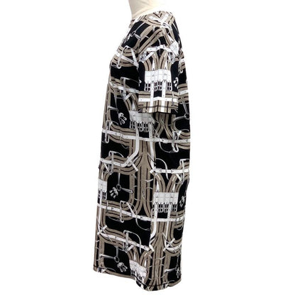 Hermes Dress Cotton Brown Black White All Over Pattern Short Sleeve