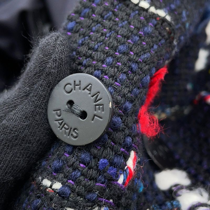 Chanel Coat Tweed Collarless Wool 36 Navy - Multicolor
