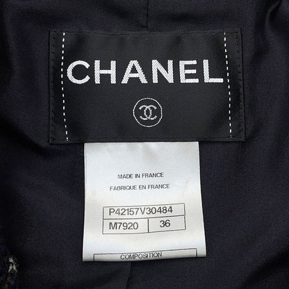 Chanel Coat Tweed Collarless Wool 36 Navy - Multicolor