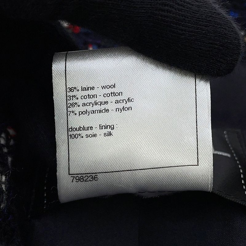 Chanel Coat Tweed Collarless Wool 36 Navy - Multicolor