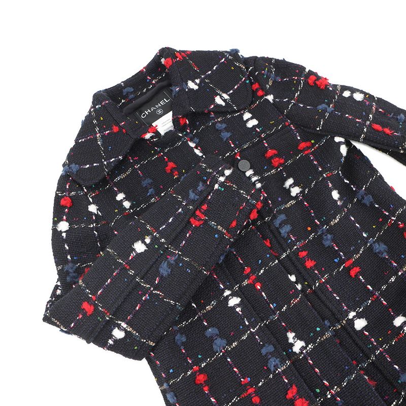 Chanel Coat Tweed Collarless Wool 36 Navy - Multicolor