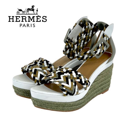 Hermes Sandals Shoes Leather Suede Green White Black Unused Espadrilles Wedge