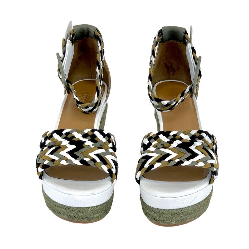 Hermes Sandals Shoes Leather Suede Green White Black Unused Espadrilles Wedge