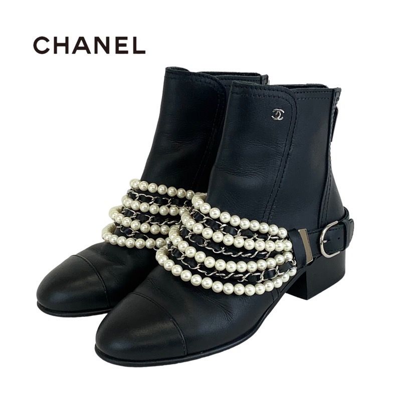 Chanel Boots Short Boots Shoes Leather Black Coco Mark Pearl Chain Belt