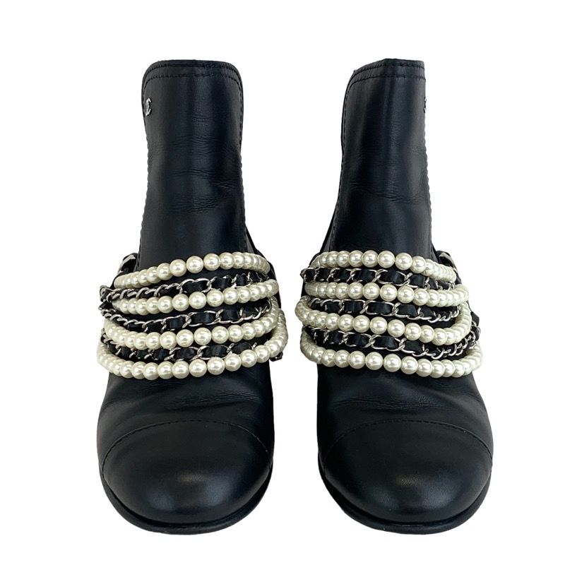 Chanel Boots Short Boots Shoes Leather Black Coco Mark Pearl Chain Belt