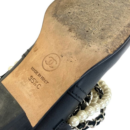 Chanel Boots Short Boots Shoes Leather Black Coco Mark Pearl Chain Belt