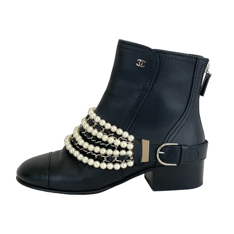 Chanel Boots Short Boots Shoes Leather Black Coco Mark Pearl Chain Belt